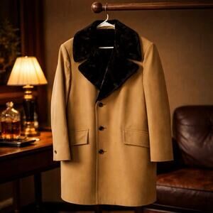 Vintage Sears Travelknit Coat 40R Tan Faux Fur Collar Western Ranch Jacket Mens